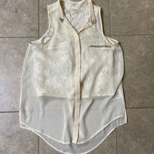 Guess White Cream Sleeveless Top Blouse with Lace and Rhinestones